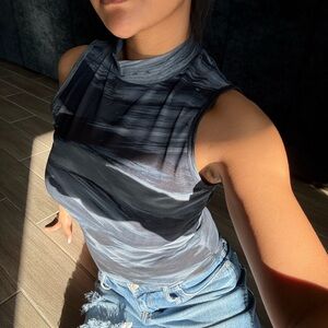 rag & bone High-Neck Marble Stripe Tank Top - Blue Gray